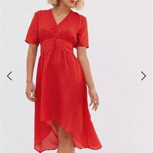 JDY button detail spotted midi tea dress, red, x-small, NWT